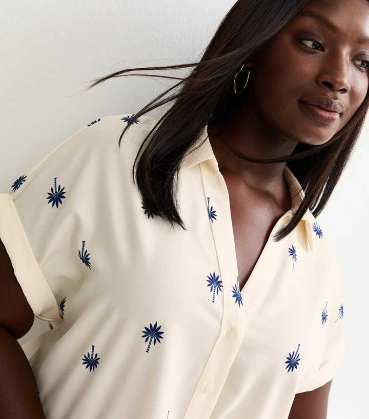 Curves White Palm Print Short Sleeve Shirt