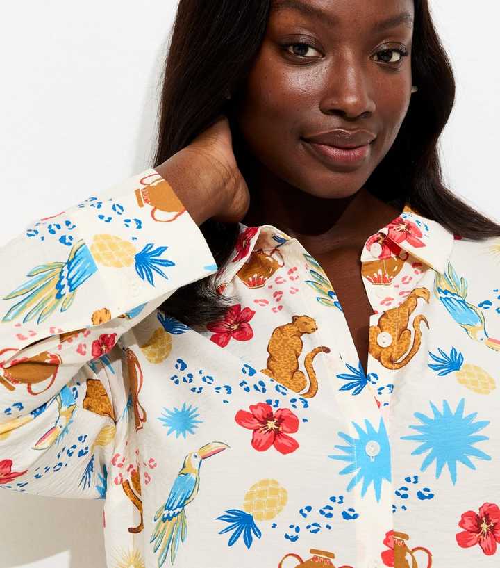Curves Cream Animal and Flower Print Shirt