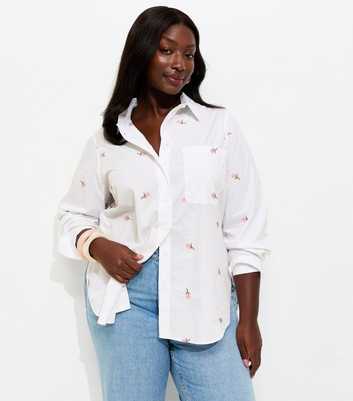 Curves White Embroidered Floral Poplin Shirt