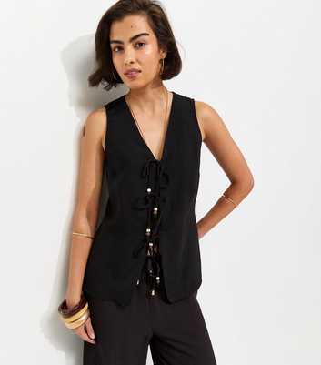 Black Textured Beaded Tie Waistcoat