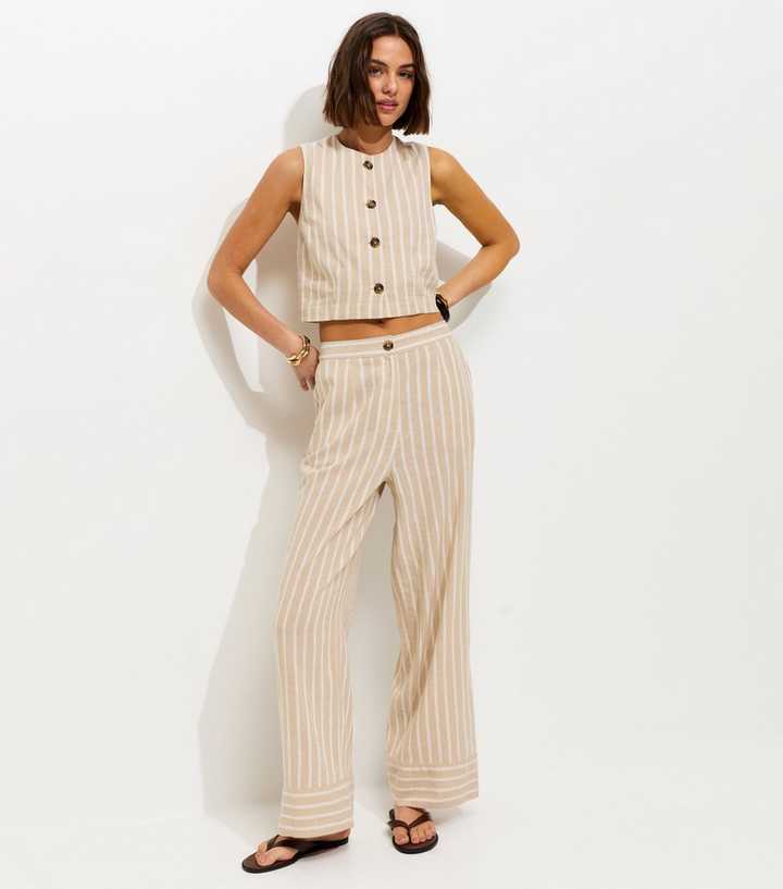 Cream Striped Wide Leg Trousers