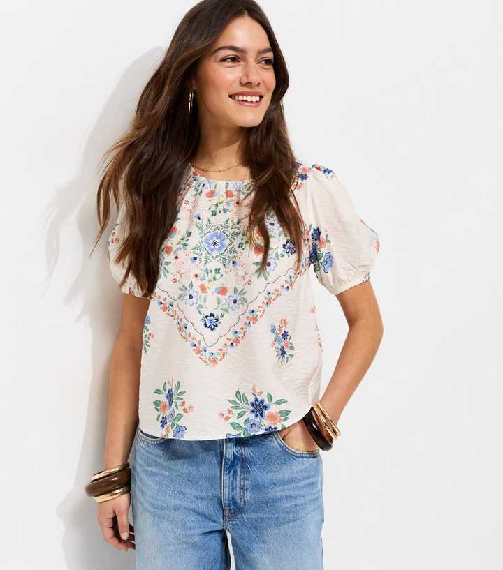 Petite Cream Scarf Print Puff Sleeve Blouse