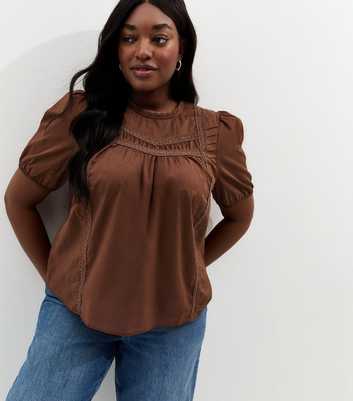 Curves Dark Brown Lace Trim Puff Sleeve Top