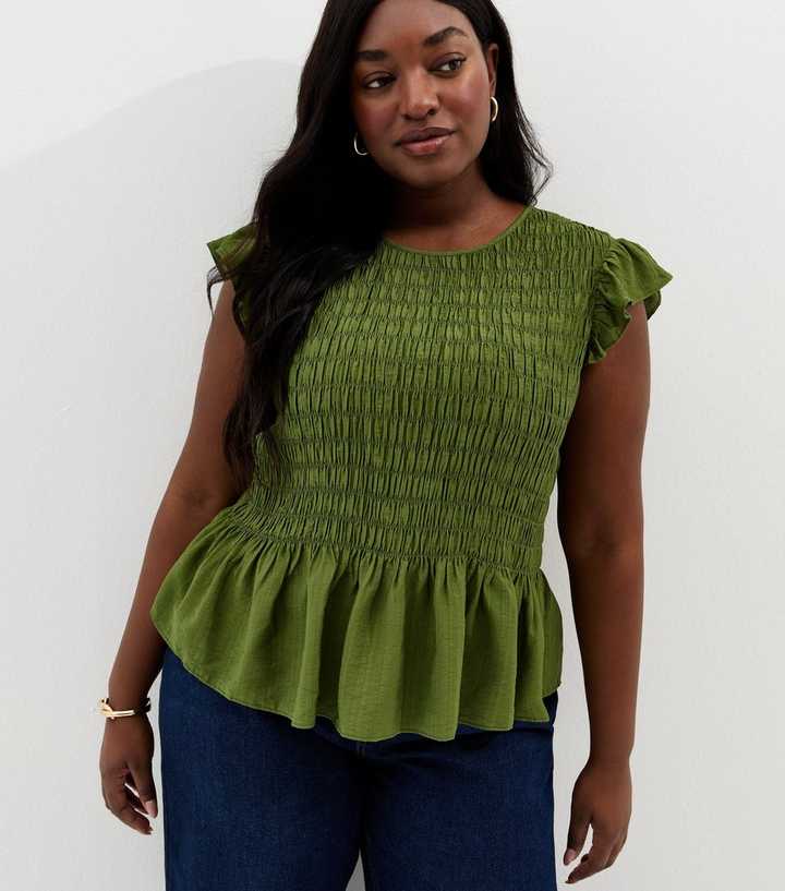 Curves Green Shirred Frill Sleeve Top