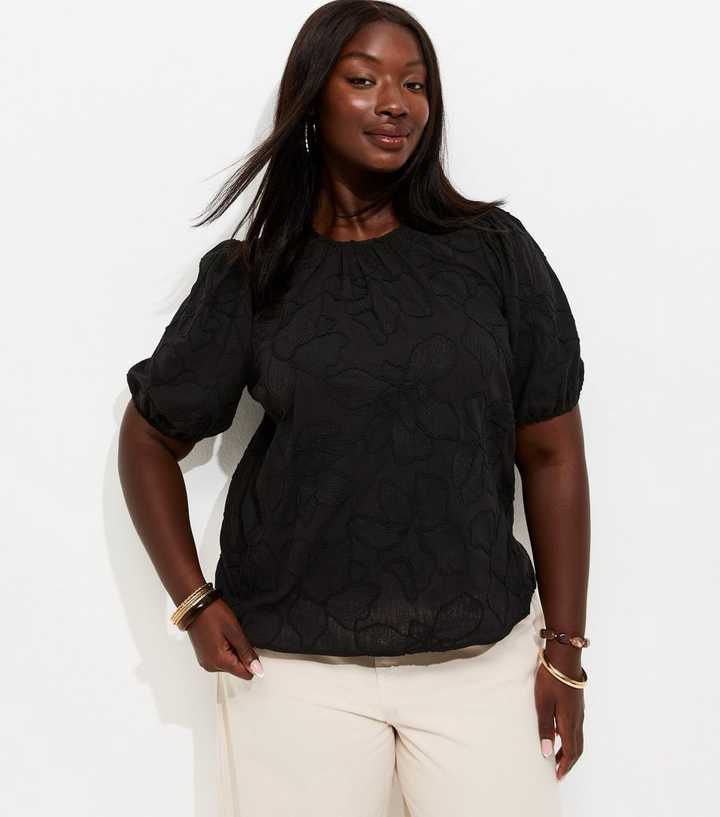 Curves Black Floral Embroidered Puff Sleeve T-Shirt