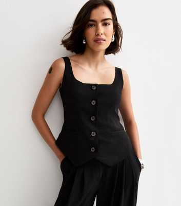 Black Scoop Neck Button Up Waistcoat