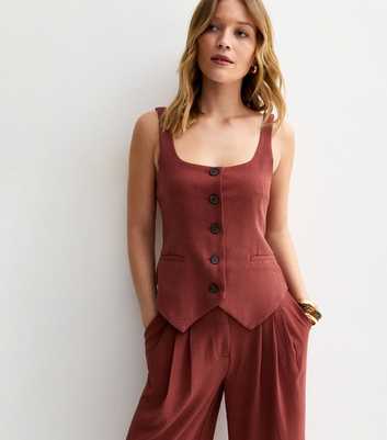 Red Scoop Neck Button Up Waistcoat