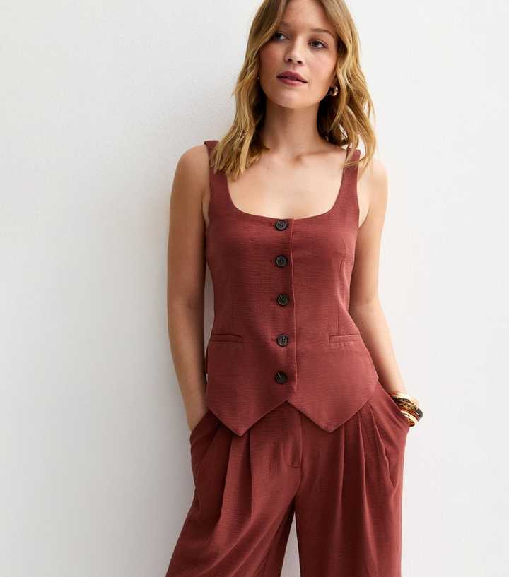 Red Scoop Neck Button Up Waistcoat