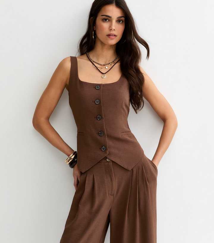 Dark Brown Scoop Neck Button Up Waistcoat