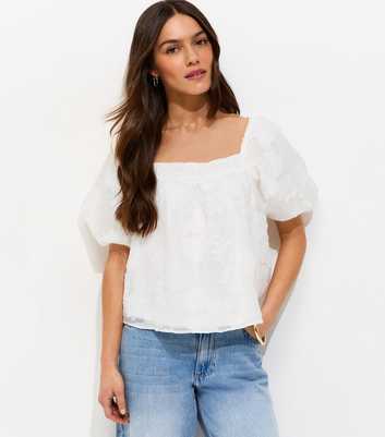 Petite White Floral Jacquard Square Neck Puff Sleeve Blouse