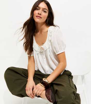 Petite White Scoop Tie Neck Blouse