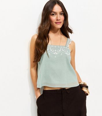 Petite Mint Green Embroidered Strap Peplum Cami Top | New Look