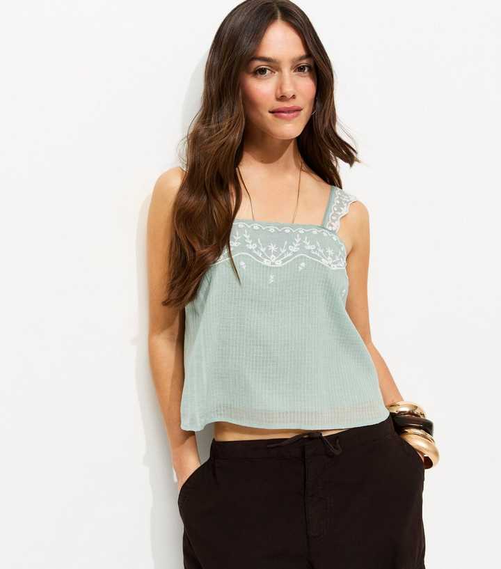 Petite Mint Green Embroidered Strap Peplum Cami Top