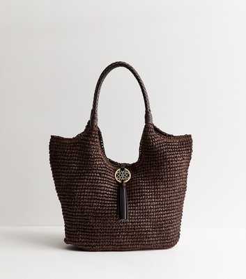 Dark Brown Woven Plaited Handle Hobo Bag