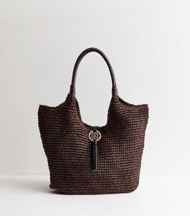Dark Brown Woven Plaited Handle Hobo Bag