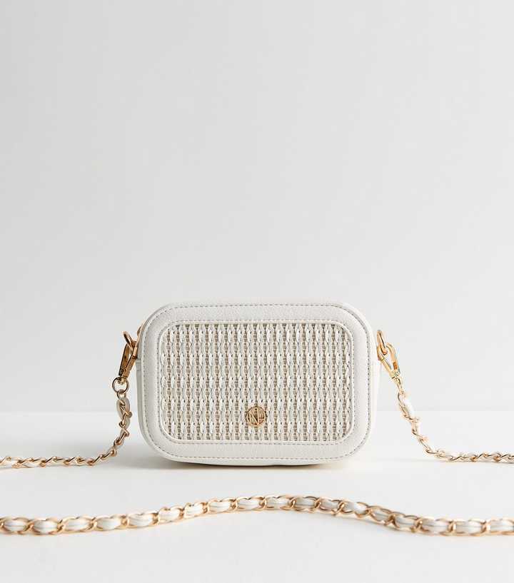 White Faux Leather Woven Chain Crossbody Bag