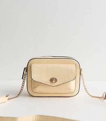 Light Yellow Faux Leather Croc Embossed Crossbody Bag