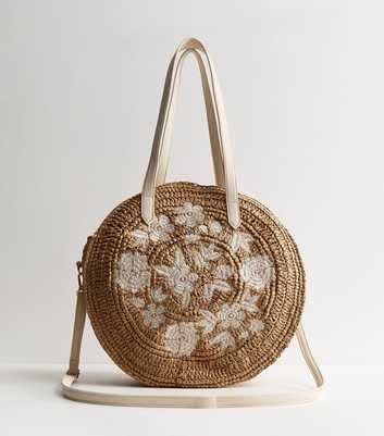 Stone Floral Embroidered Woven Raffia Circular Bag