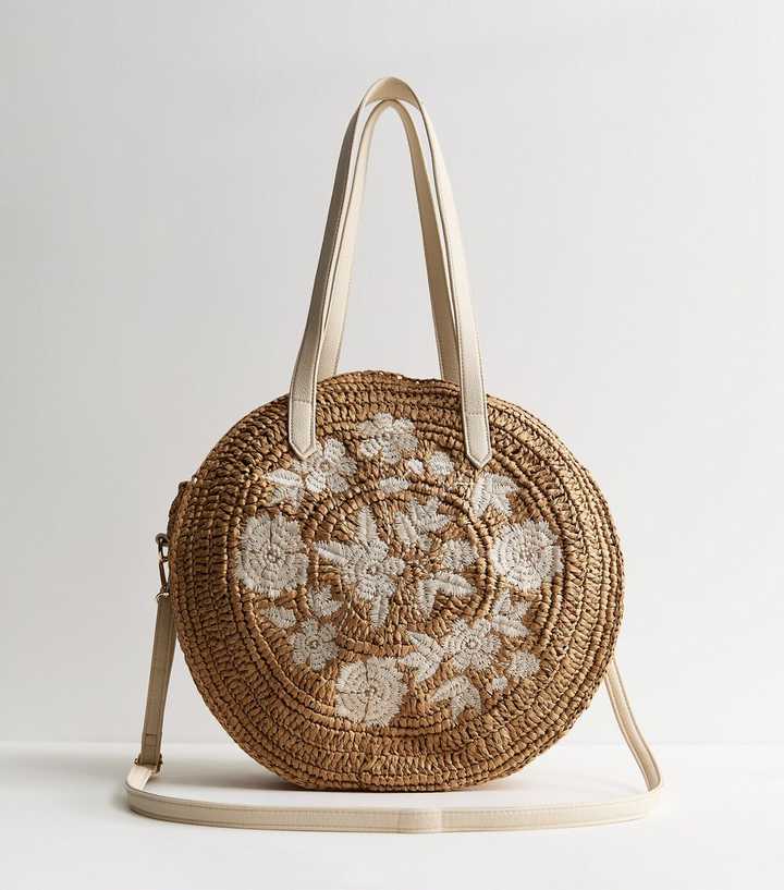 Stone Floral Embroidered Woven Raffia Circular Bag