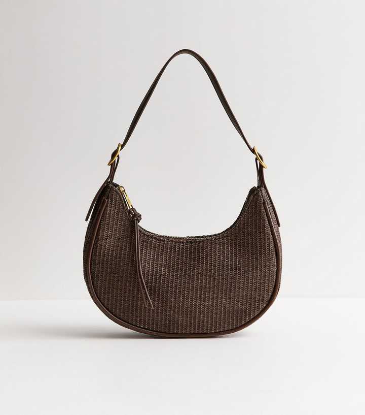 Dark Brown Woven Curved Shoulder Bag