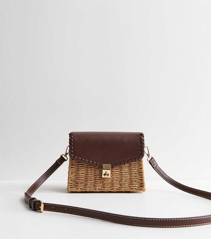 Stone Woven Wicker Front Flap Crossbody Bag