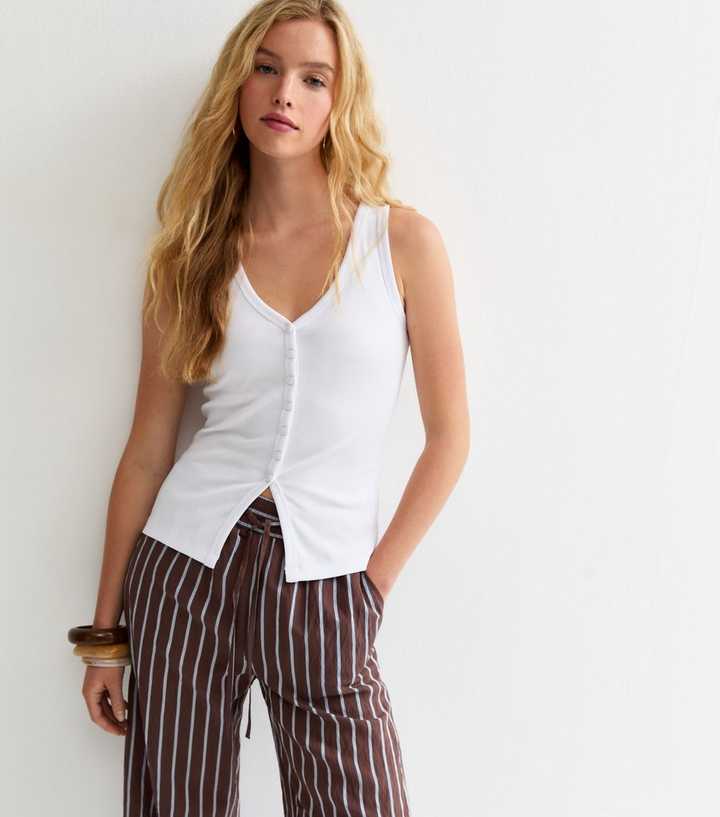 White Ribbed Jersey V-Neck Button Through Vest Top