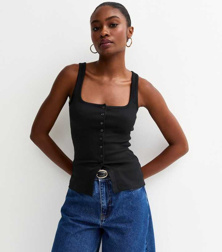 Black Square Neck Neck Button Through Vest