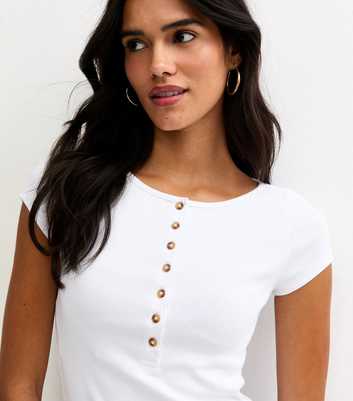 White Ribbed Jersey Button Placket Top