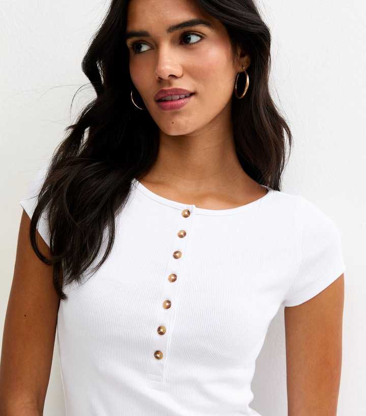 White Ribbed Jersey Button Placket Top