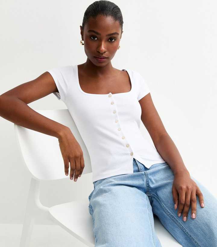 White Square Neck Button Through T-Shirt