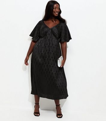Curves Black Paisley Jacquard Flutter Sleeve Midi Dress