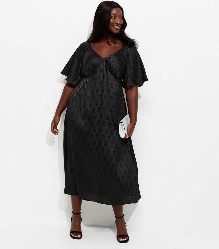 Curves Black Paisley Jacquard Flutter Sleeve Midi Dress