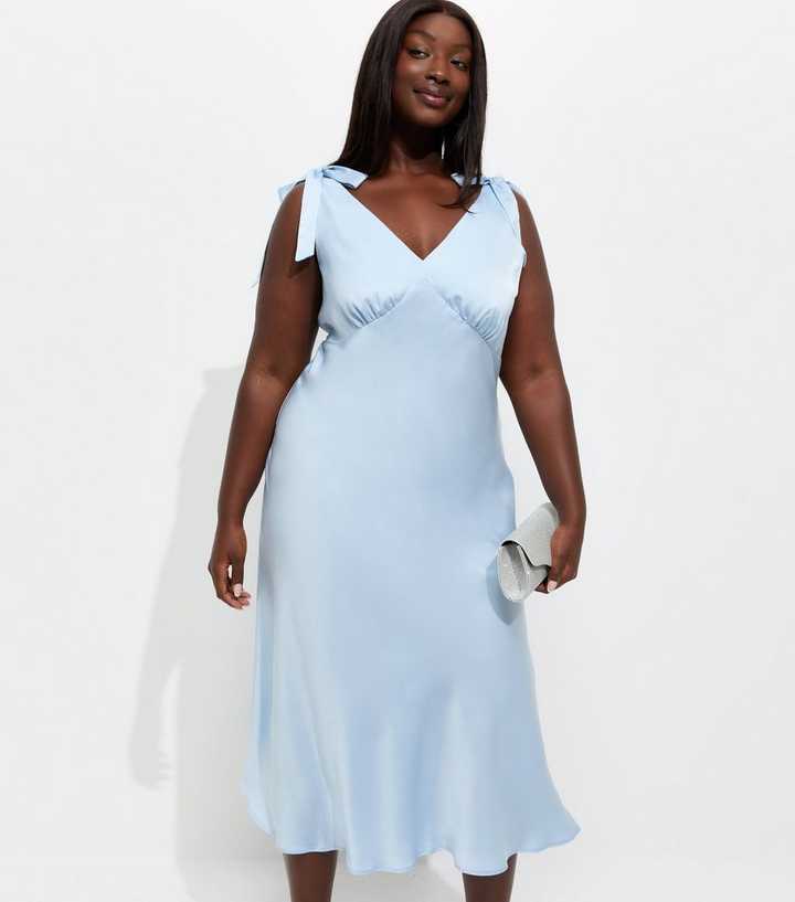 Curves Light Blue Tie Shoulder Plunge Midi Dress