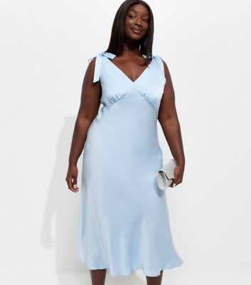 Curves Light Blue Tie Shoulder Plunge Midi Dress