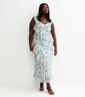 Curves Light Blue Floral Chiffon Ruffle Midi Dress