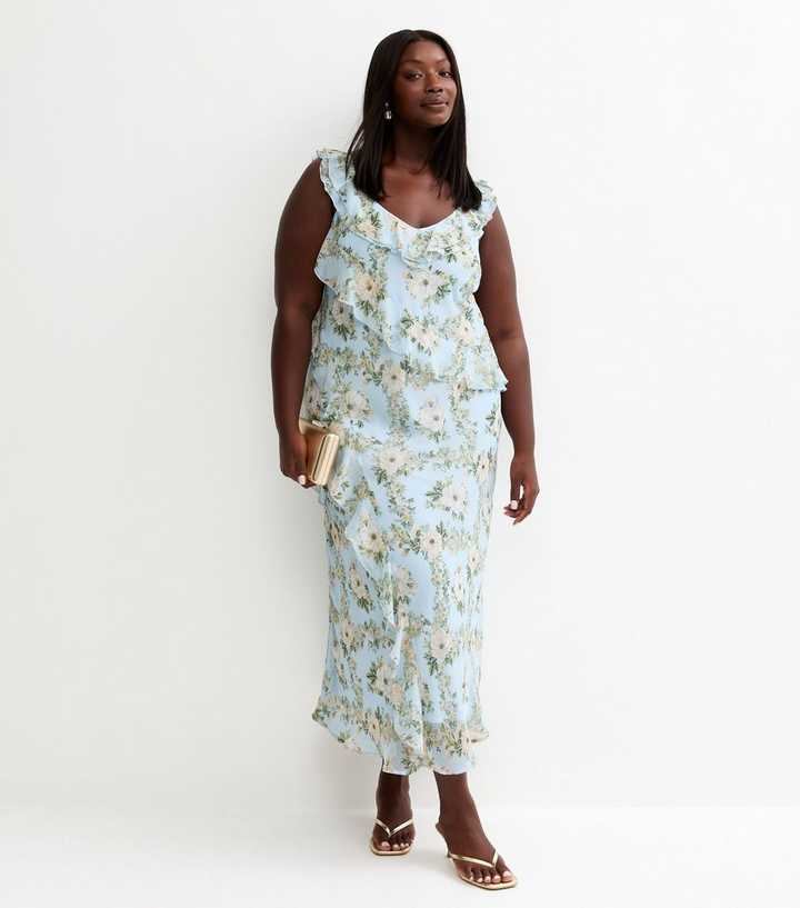 Curves Light Blue Floral Chiffon Ruffle Midi Dress
