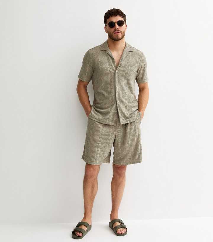 Light Khaki Relaxed Patterned Terry Towelling Shorts