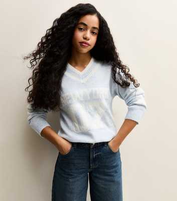 Girls Light Blue New York Logo V-Neck Jumper