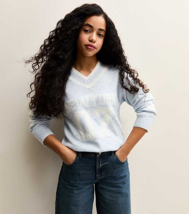 Girls Light Blue New York Logo V-Neck Jumper