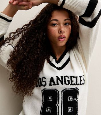 Girls Cream Los Angeles 86 V Neck Football Knit Jumper