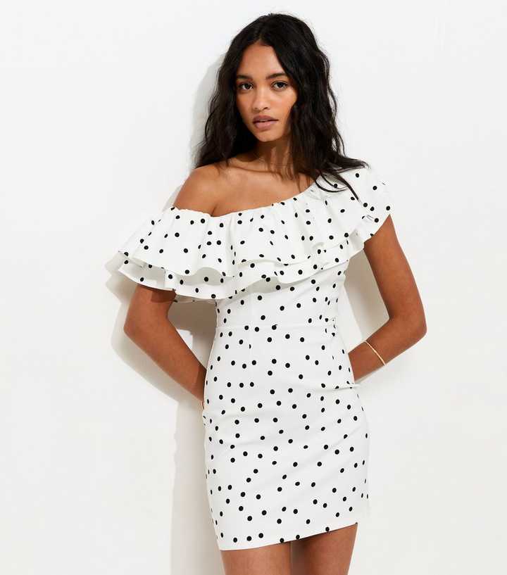 White Polka Dot Ruffle Trim Off The Shoulder Mini Dress