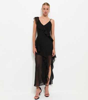 Black Chiffon Ruffle Trim Strappy Midi Dress