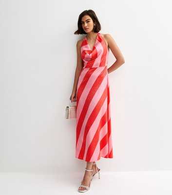 Pink Satin Striped Halter Neck Midi Dress