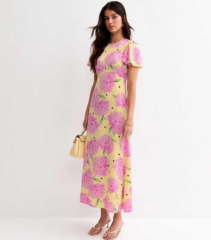 Yellow Floral Short Sleeve Midi Dress