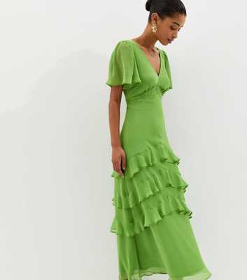 Bright Green Chiffon Tiered Tea Maxi Dress