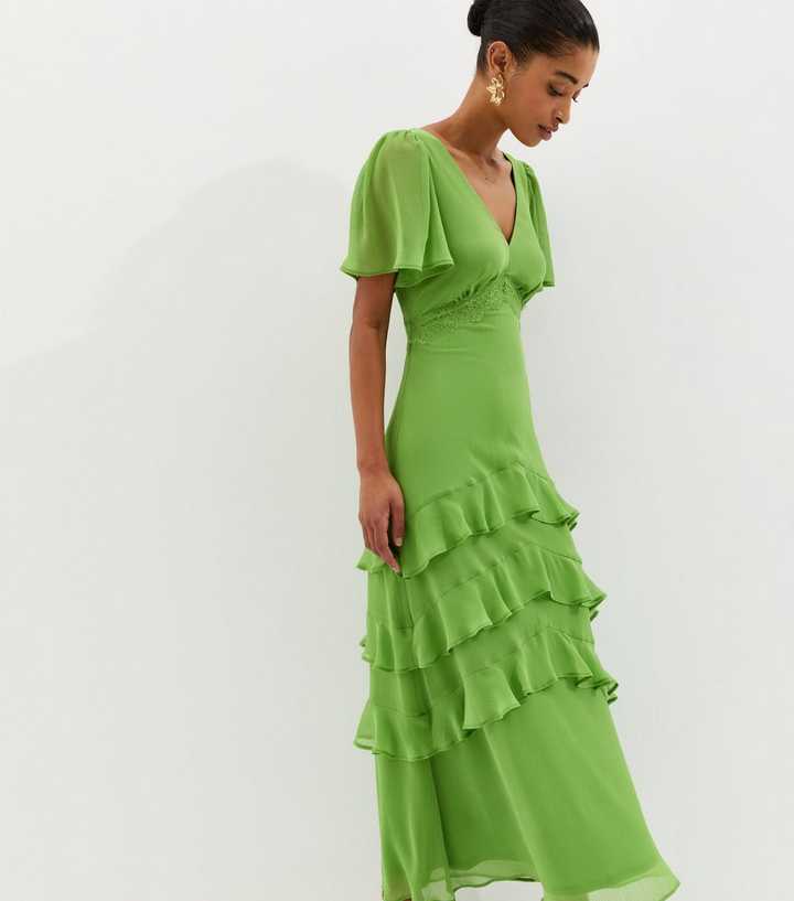 Bright Green Chiffon Tiered Tea Maxi Dress
