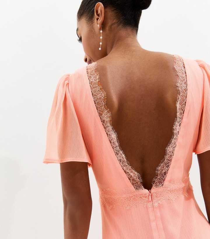 Light Coral Chiffon Lace Tea Maxi Dress | New Look Light Coral Chiffon Lace Tea Maxi Dress | New Look