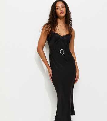 Black Lace Trimmed Satin Midi Dress