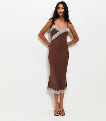 Brown Lace Trimmed Satin Midi Dress
