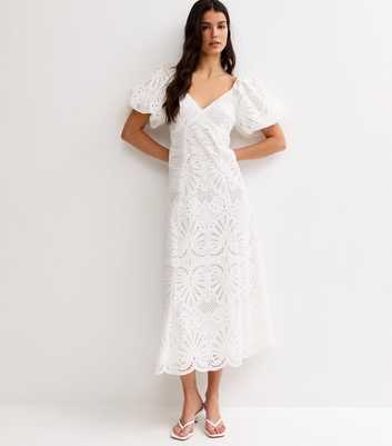 White Cutwork Tie Back Midi Dress